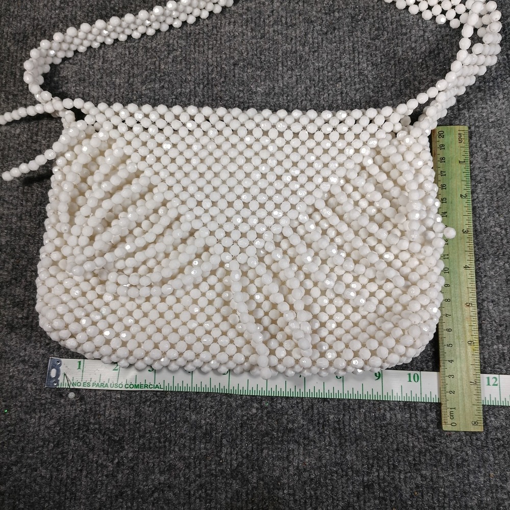 White Beaded Shoulder Bag Pearl Purse Y2K Retro Bouffants Hearts - Picture 6 of 7